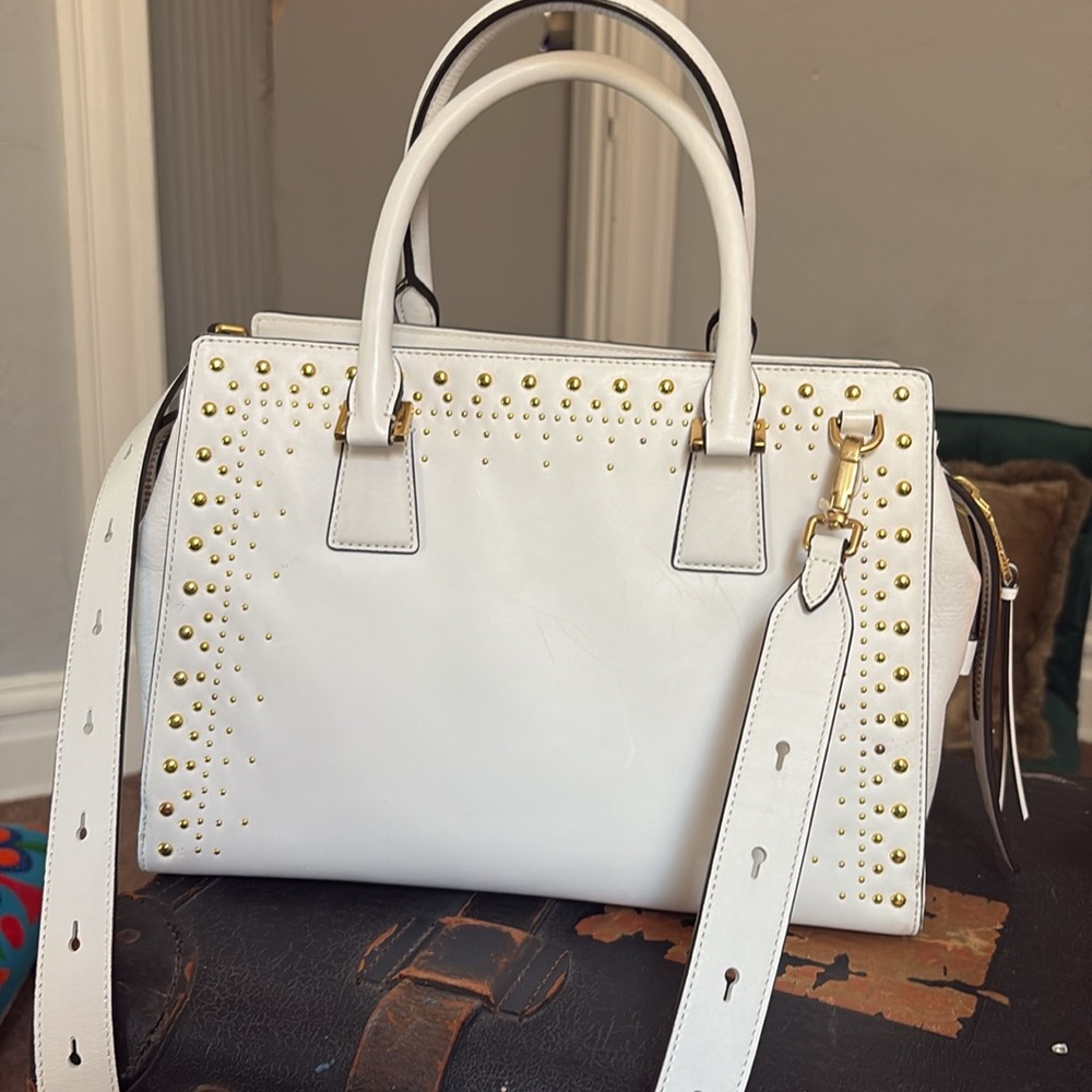 Cole Haan Marli gold studded satchel white with shoulder strap large storage